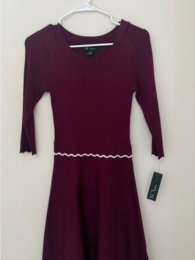 BCX Ribbed Long Sleeve Fit-and-Flare Dress in Wine with White Trim